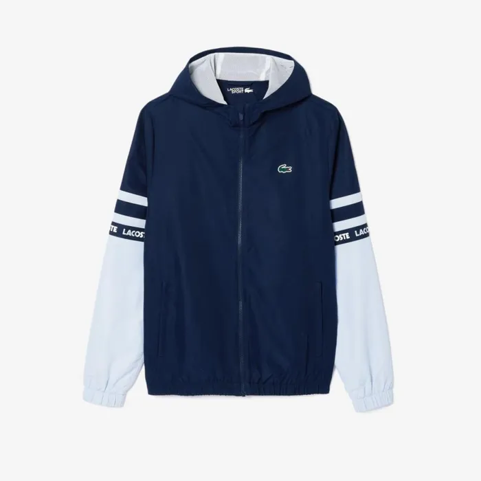 Jackets and Coats Men Lacoste Men039s Logo Stripe Tennis Jacket Navy Blue Light Blue Wb3