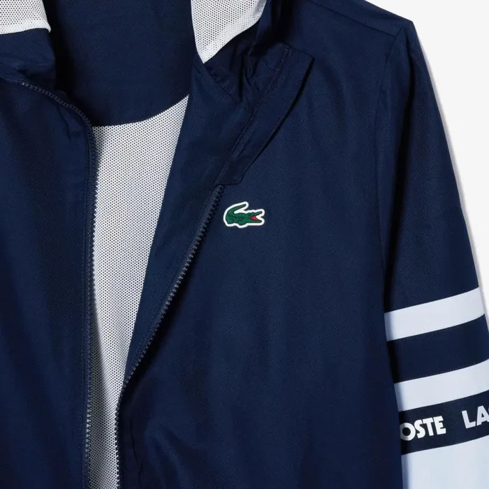 Jackets and Coats Men Lacoste Men039s Logo Stripe Tennis Jacket Navy Blue Light Blue Wb3