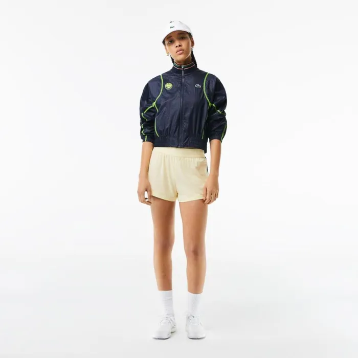 Jackets and Coats Women Lacoste Womens Roland Garros Edition PostMatch Cropped Jacket Navy Blue Yellow Zwi