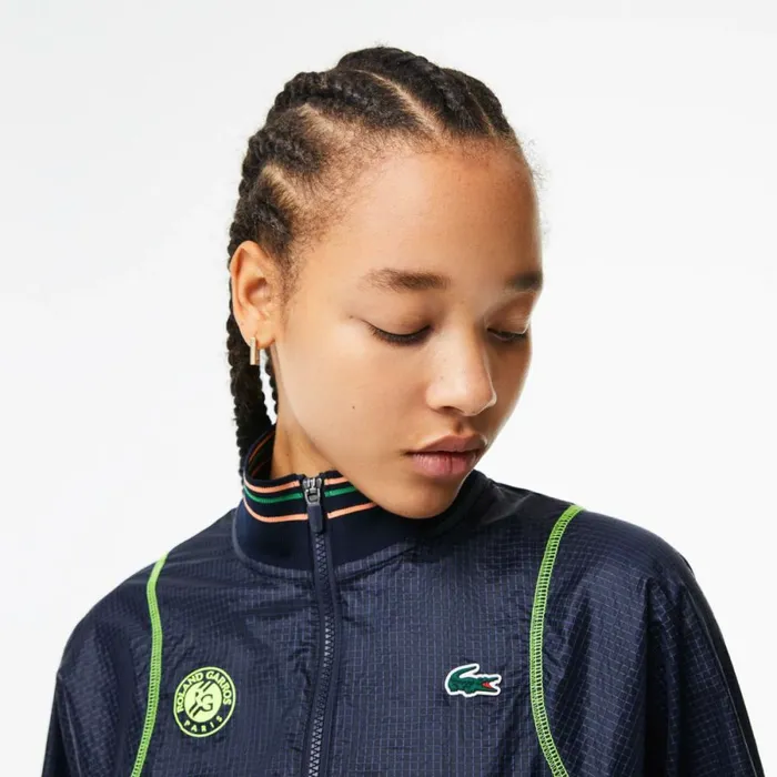 Jackets and Coats Women Lacoste Womens Roland Garros Edition PostMatch Cropped Jacket Navy Blue Yellow Zwi