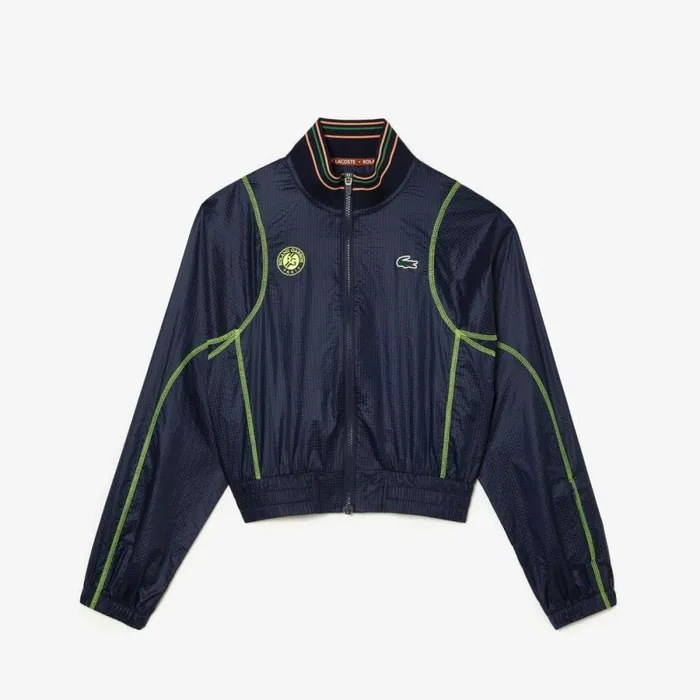 Jackets and Coats Women Lacoste Womens Roland Garros Edition PostMatch Cropped Jacket Navy Blue Yellow Zwi