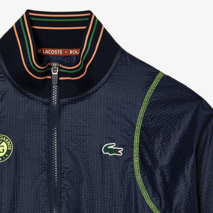 Jackets and Coats Women Lacoste Womens Roland Garros Edition PostMatch Cropped Jacket Navy Blue Yellow Zwi