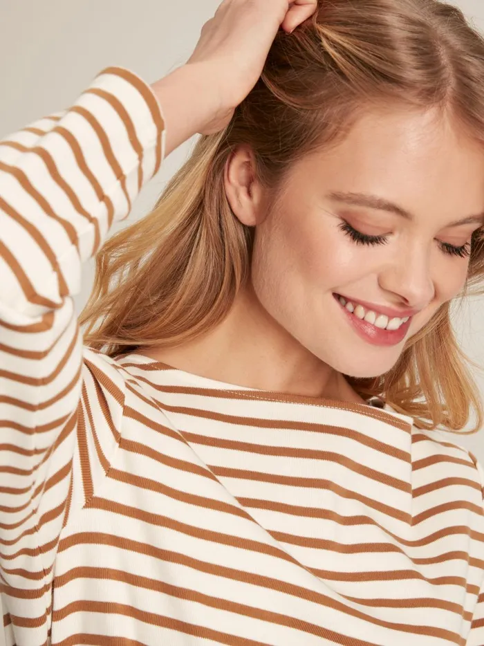 Joules Tops Women Tan Stripe Boat Neck Breton Top