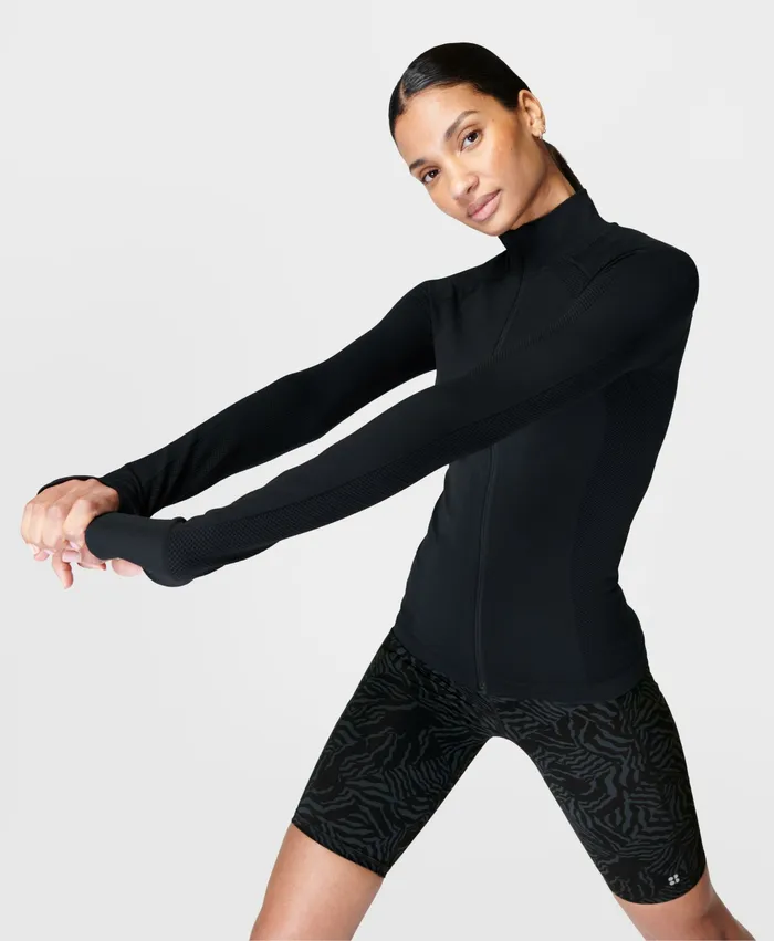 Jumpers Hoodies Sweaty Betty Women Athlete Doubleweight Seamless Gym Zip Up Black
