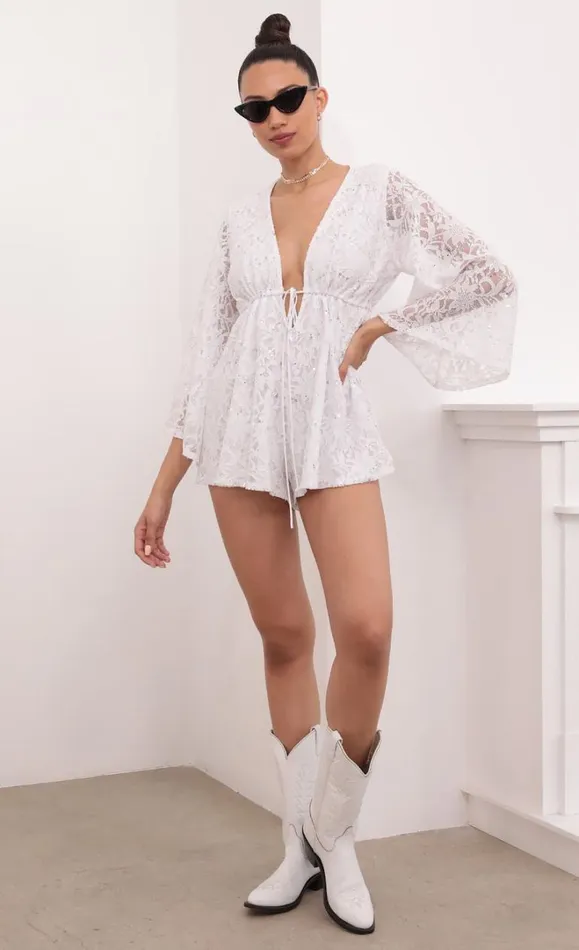 Kadee Bell Sleeve Romper White Sequined Lace Women LUCY IN THE SKY Rompers