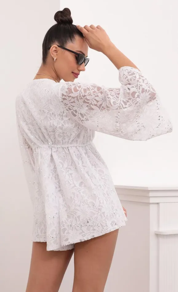 Kadee Bell Sleeve Romper White Sequined Lace Women LUCY IN THE SKY Rompers Kadee Bell Sleeve Romper White Sequined Lace Women LUCY IN THE SKY Rompers
