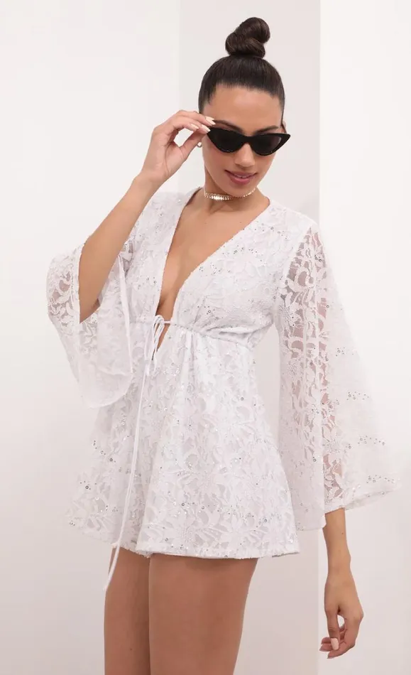 Kadee Bell Sleeve Romper White Sequined Lace Women LUCY IN THE SKY Rompers Kadee Bell Sleeve Romper White Sequined Lace Women LUCY IN THE SKY Rompers