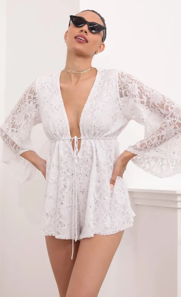 Kadee Bell Sleeve Romper White Sequined Lace Women LUCY IN THE SKY Rompers Kadee Bell Sleeve Romper White Sequined Lace Women LUCY IN THE SKY Rompers