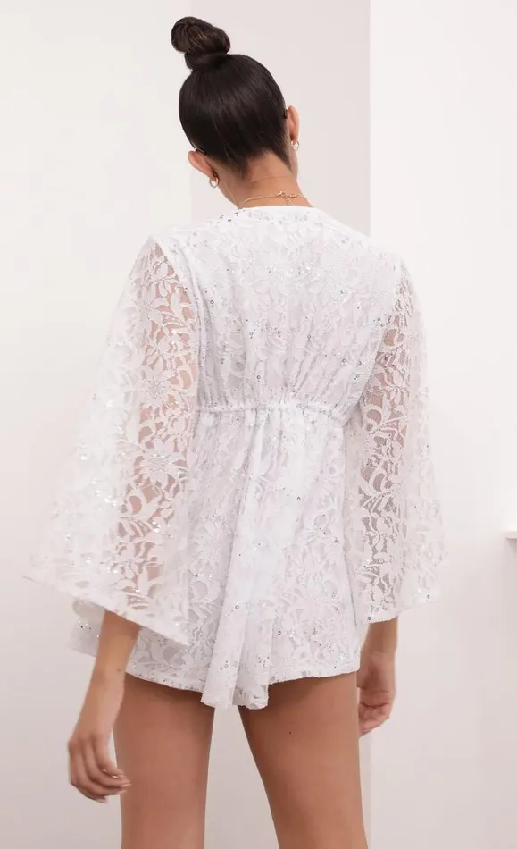 Kadee Bell Sleeve Romper White Sequined Lace Women LUCY IN THE SKY Rompers Kadee Bell Sleeve Romper White Sequined Lace Women LUCY IN THE SKY Rompers