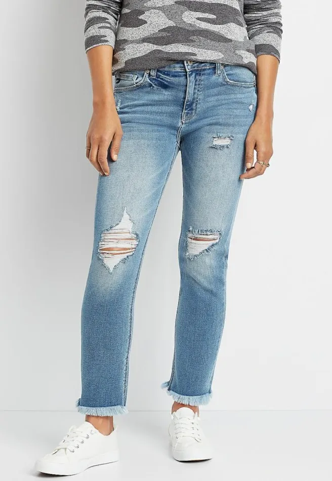 Kancan High Rise Destructed Fray Hem Slim Straight Ankle Jean Women Maurices Jeans