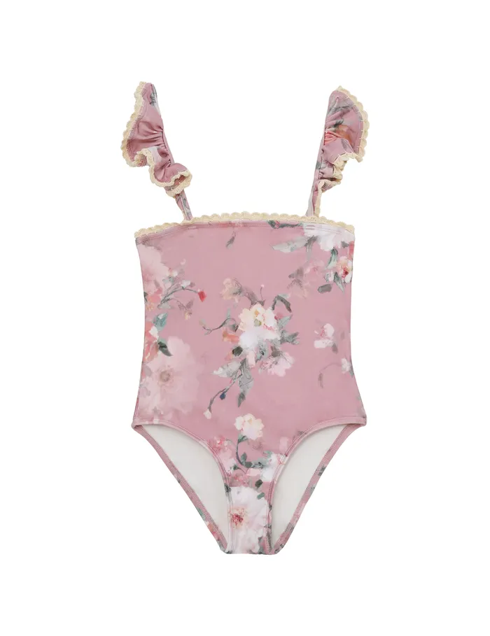 Kids Zimmermann Swimwear Everley Trim Frill 1pc Pink Watercolour Floral