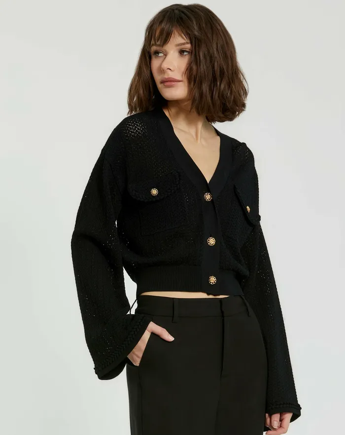 Knitwear Women Mac Duggal Crochet Knit Flare Long Sleeve Gold Button Cropped Cardigan 8211 FINAL SA Black Knitwear Women Mac Duggal Crochet Knit Flare Long Sleeve Gold Button Cropped Cardigan 8211 FINAL SA Black