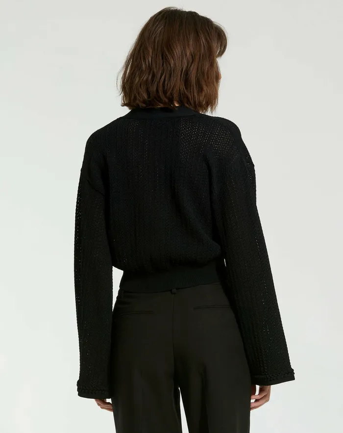 Knitwear Women Mac Duggal Crochet Knit Flare Long Sleeve Gold Button Cropped Cardigan 8211 FINAL SA Black
