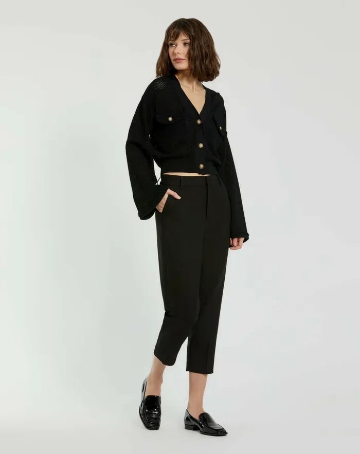 Knitwear Women Mac Duggal Crochet Knit Flare Long Sleeve Gold Button Cropped Cardigan 8211 FINAL SA Black