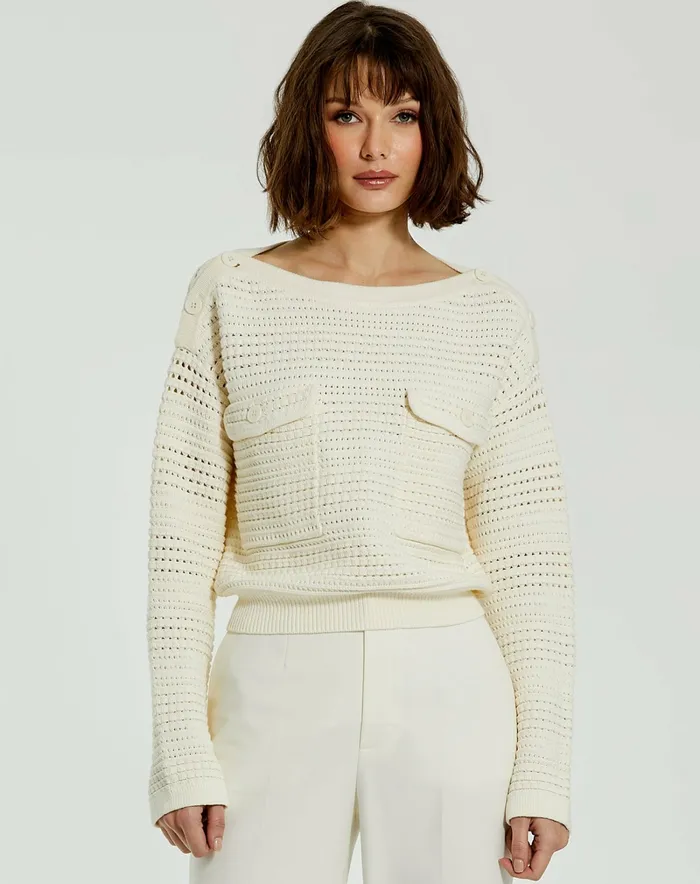 Knitwear Women Mac Duggal Long Sleeve Crochet Knit Crew Neck Sweater With Pockets 8211 FINAL SALE Cream Knitwear Women Mac Duggal Long Sleeve Crochet Knit Crew Neck Sweater With Pockets 8211 FINAL SALE Cream