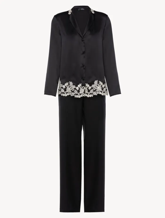 La Perla Black Silk Long Pajamas With Frastaglio Women Pajamas
