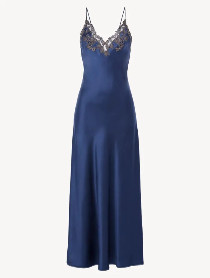 La Perla Blue Long Nightgown With Frastaglio Women Slips and Dresses