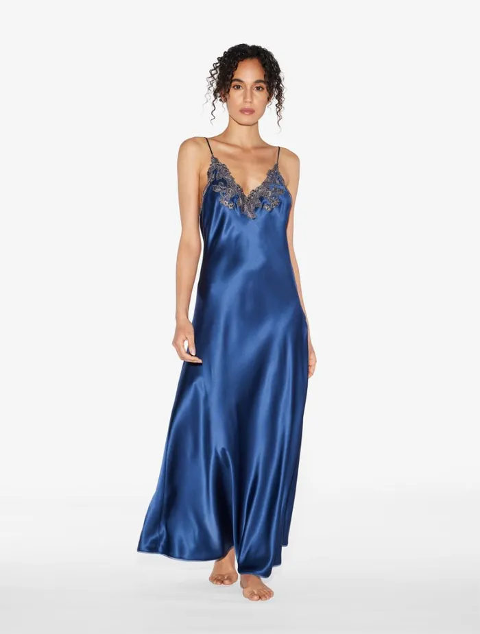 La Perla Blue Long Nightgown With Frastaglio Women Slips and Dresses