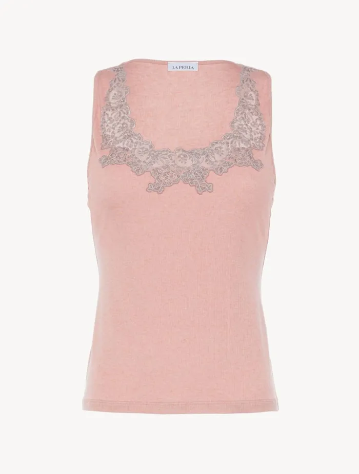 La Perla Cashmere Blend Ribbed Tank Top In Blush Clay With Frastaglio Women Camisoles