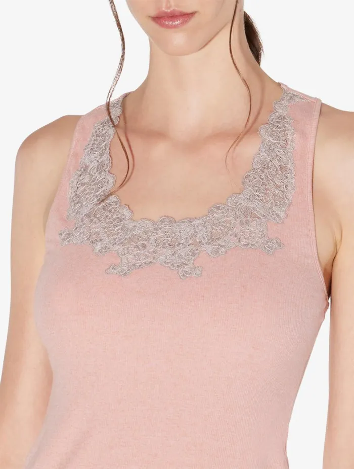 La Perla Cashmere Blend Ribbed Tank Top In Blush Clay With Frastaglio Women Camisoles