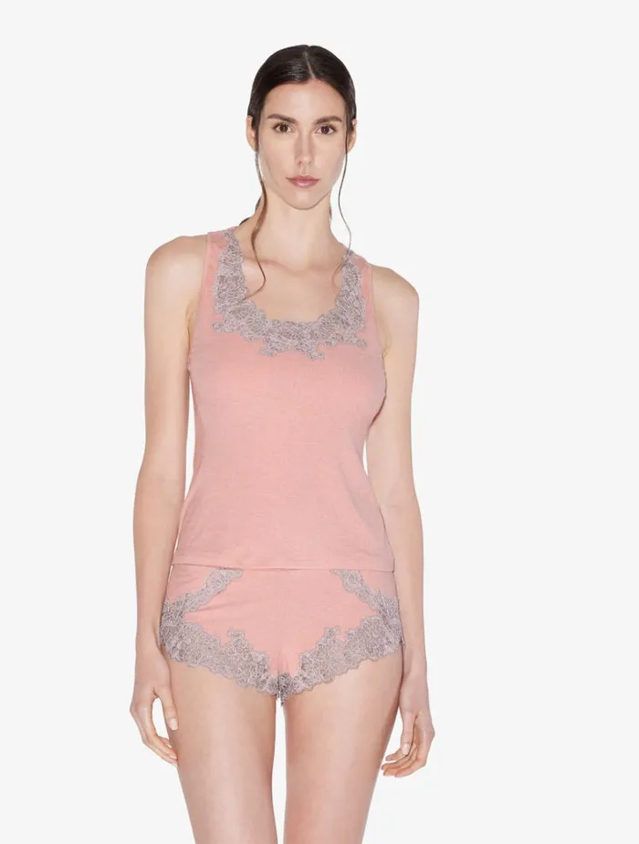 La Perla Cashmere Blend Ribbed Tank Top In Blush Clay With Frastaglio Women Camisoles
