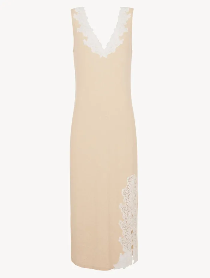 La Perla Long Cashmere Blend Ribbed Nightgown In Halo With Frastaglio Women Pajamas