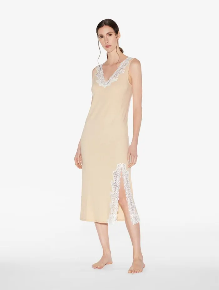 La Perla Long Cashmere Blend Ribbed Nightgown In Halo With Frastaglio Women Pajamas