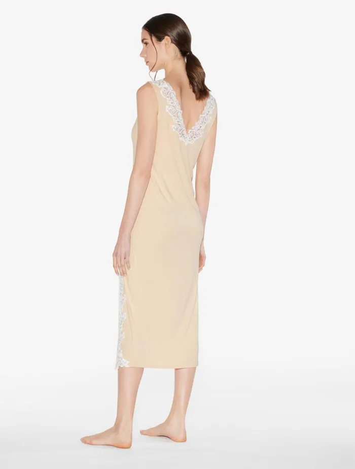 La Perla Long Cashmere Blend Ribbed Nightgown In Halo With Frastaglio Women Pajamas