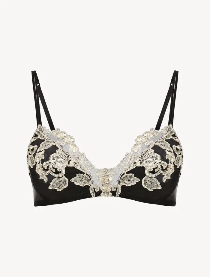 La Perla Luxury Silk Triangle Bra In Black With Ivory Frastaglio Women Triangle