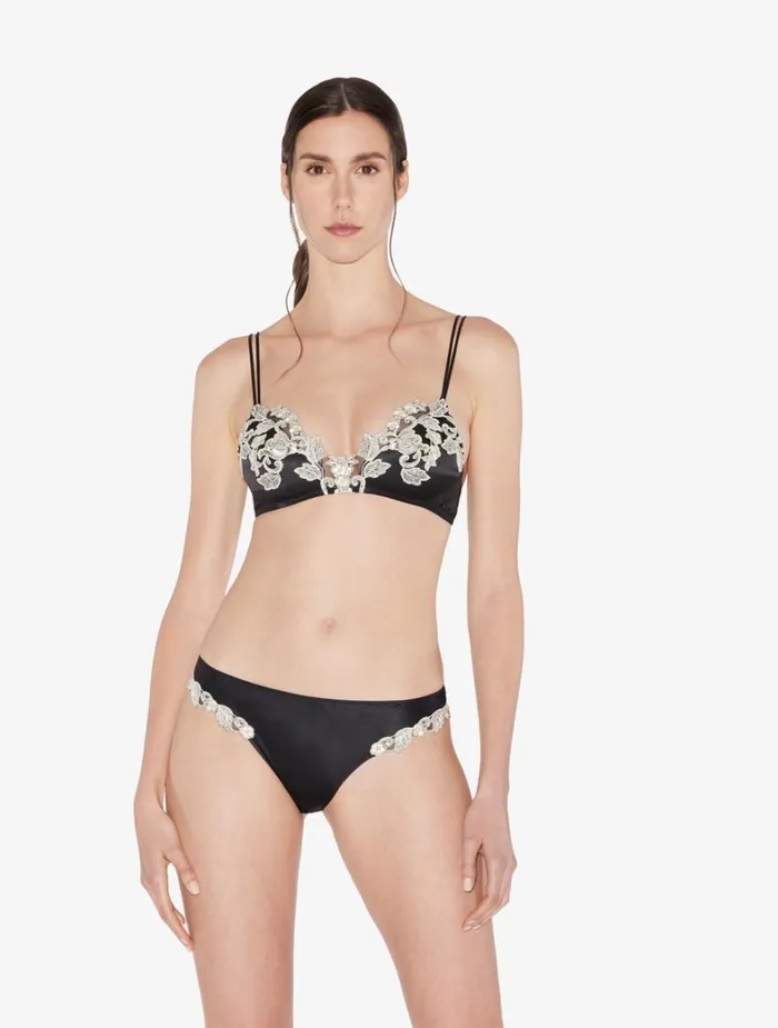 La Perla Luxury Silk Triangle Bra In Black With Ivory Frastaglio Women Triangle