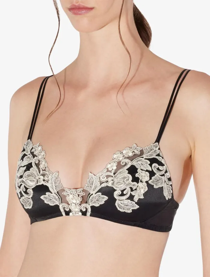 La Perla Luxury Silk Triangle Bra In Black With Ivory Frastaglio Women Triangle