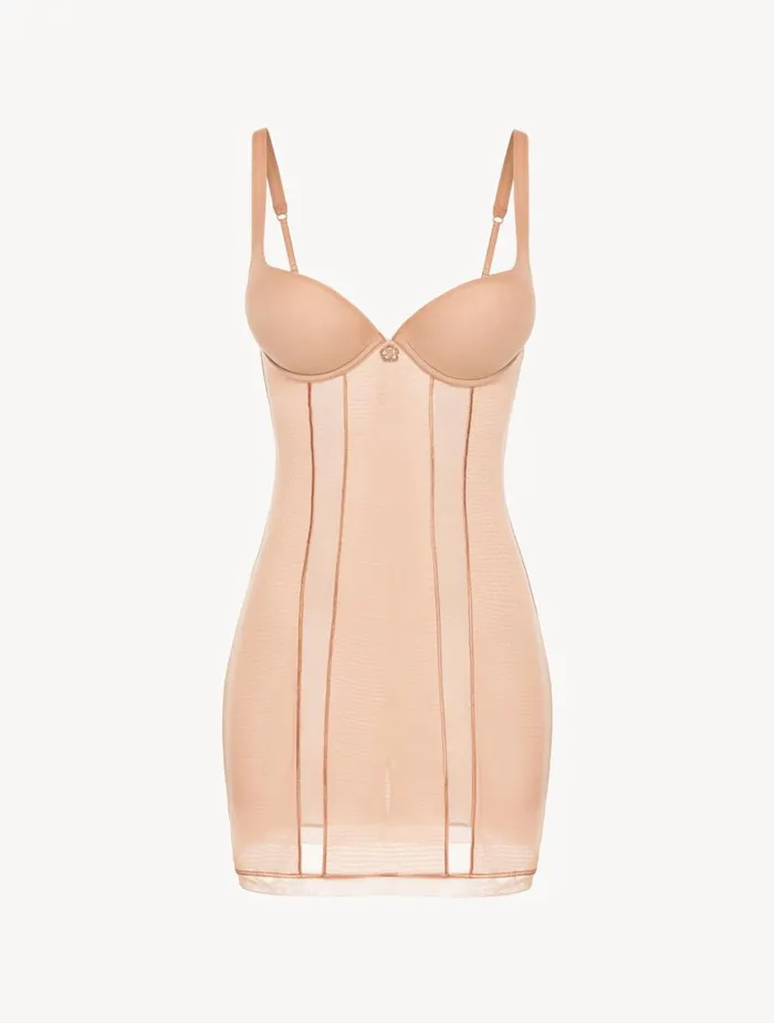 La Perla Luxury Stretch Tulle Slip Dress In Sand Women Shapewear