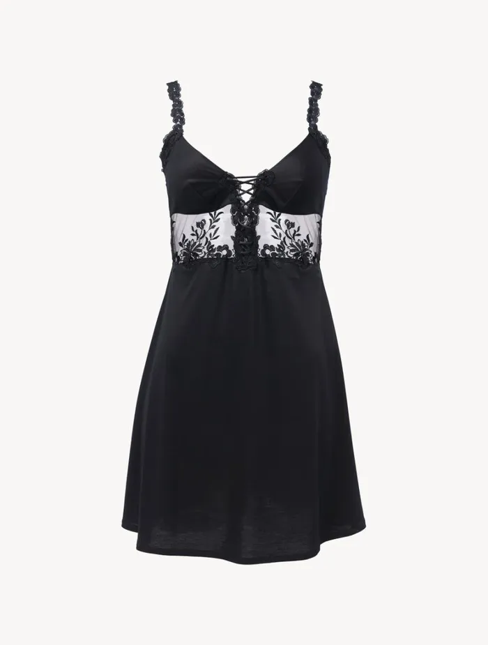 La Perla Slip Dress In Black Modal With Embroidered Tulle Women Slips and Dresses