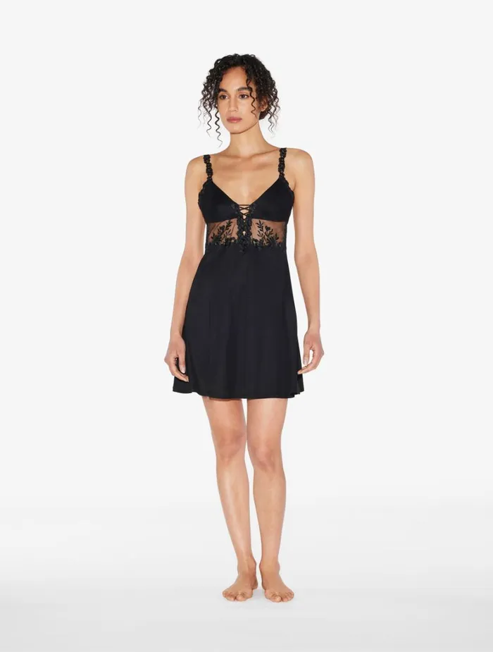 La Perla Slip Dress In Black Modal With Embroidered Tulle Women Slips and Dresses