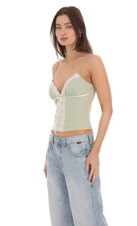 Lace Bow Top Sage Women LUCY IN THE SKY Tops Lace Bow Top Sage Women LUCY IN THE SKY Tops