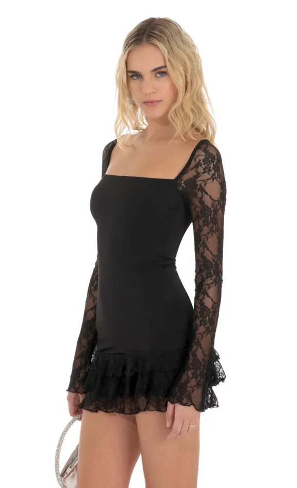 Lace Ruffle Bodycon Dress Black Women LUCY IN THE SKY Mini Dresses Lace Ruffle Bodycon Dress Black Women LUCY IN THE SKY Mini Dresses