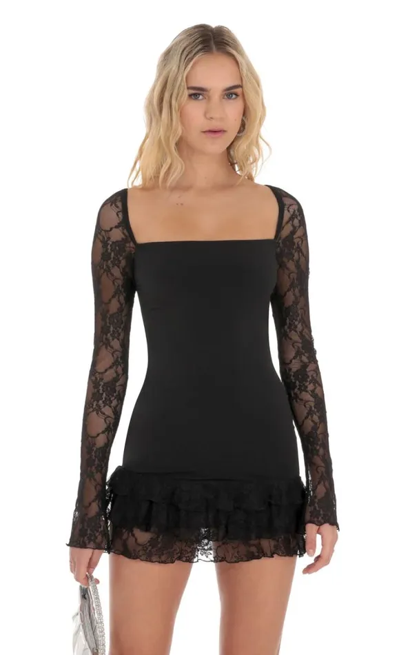 Lace Ruffle Bodycon Dress Black Women LUCY IN THE SKY Mini Dresses Lace Ruffle Bodycon Dress Black Women LUCY IN THE SKY Mini Dresses