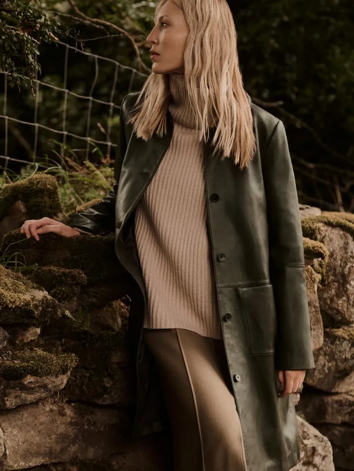 Leather Knee Length Coat Green Women Jigsaw Coats and Jackets