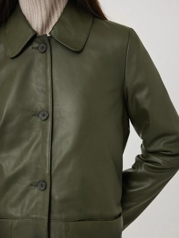 Leather Knee Length Coat Green Women Jigsaw Coats and Jackets