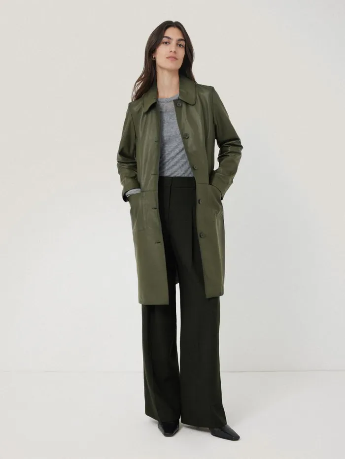 Leather Knee Length Coat Green Women Jigsaw Coats and Jackets