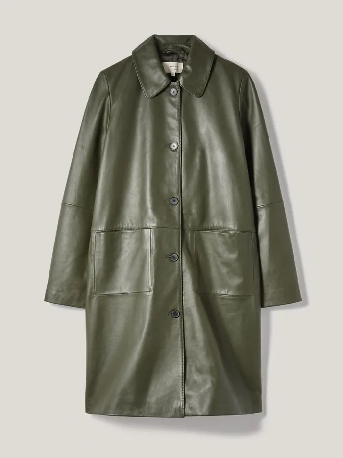 Leather Knee Length Coat Green Women Jigsaw Coats and Jackets