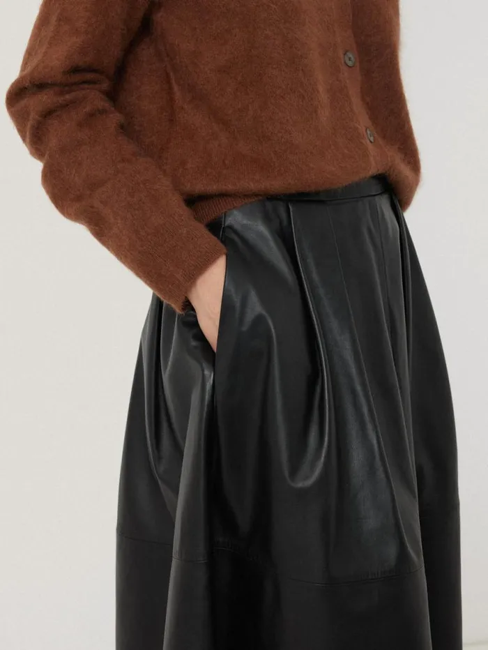Leather Pleat Midi Skirt Black Women Jigsaw Skirts