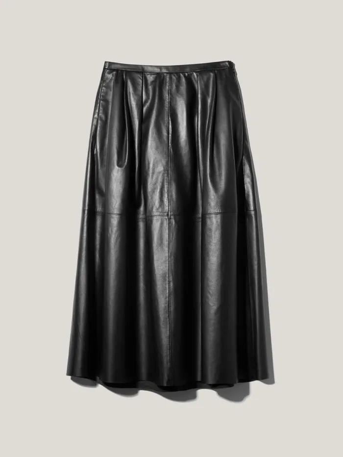 Leather Pleat Midi Skirt Black Women Jigsaw Skirts