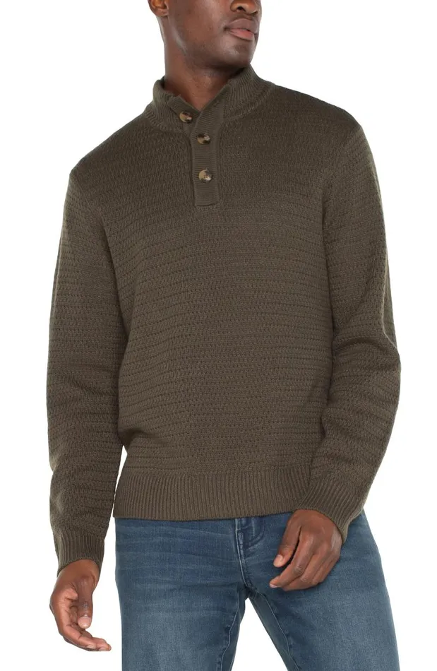 Liverpool Los Angeles Sweaters BUTTON MOCK NECK SWEATER Olive 8211 Mens