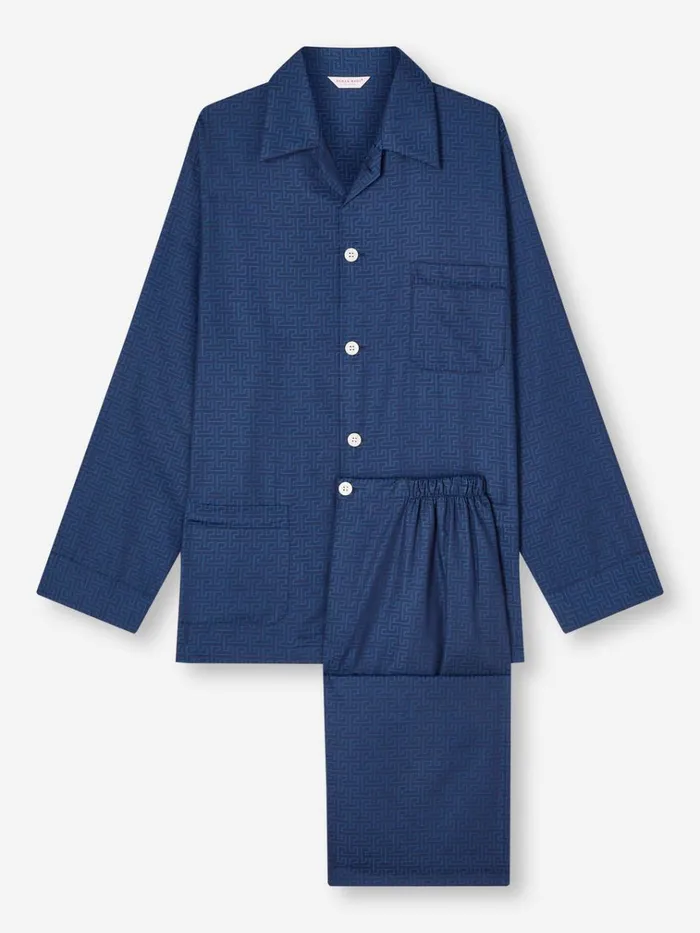 Long Pajamas Men Derek Rose Classic Fit Pajamas Paris 27 Cotton Jacquard Navy