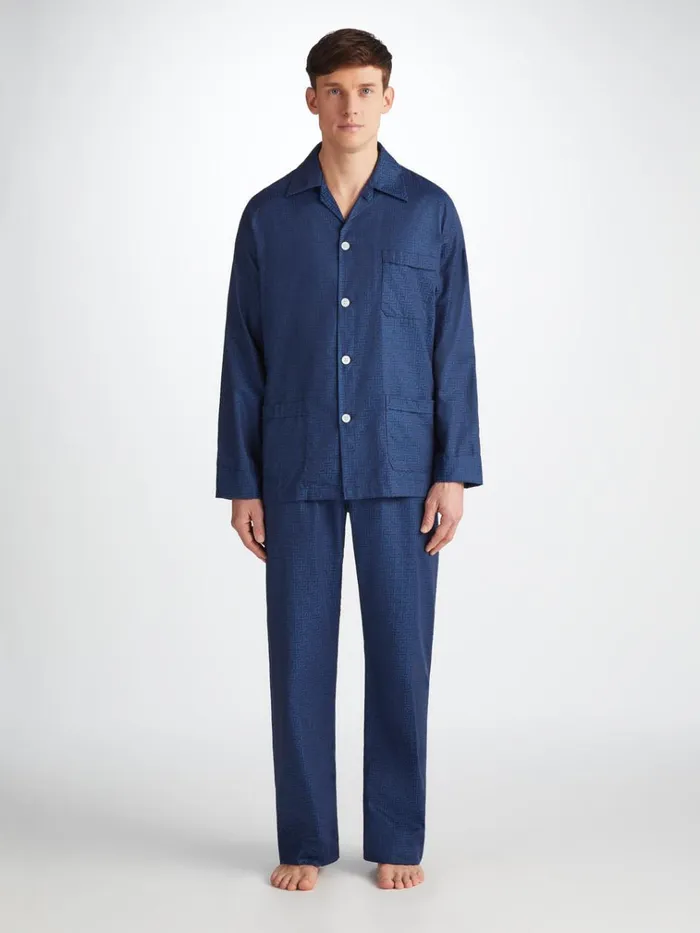 Long Pajamas Men Derek Rose Classic Fit Pajamas Paris 27 Cotton Jacquard Navy