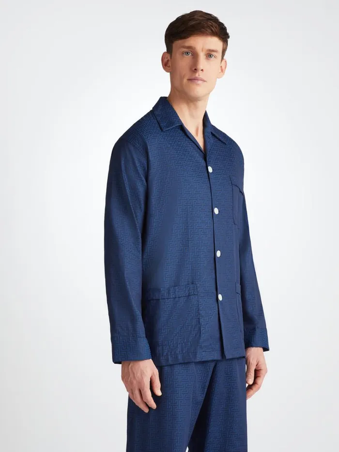 Long Pajamas Men Derek Rose Classic Fit Pajamas Paris 27 Cotton Jacquard Navy