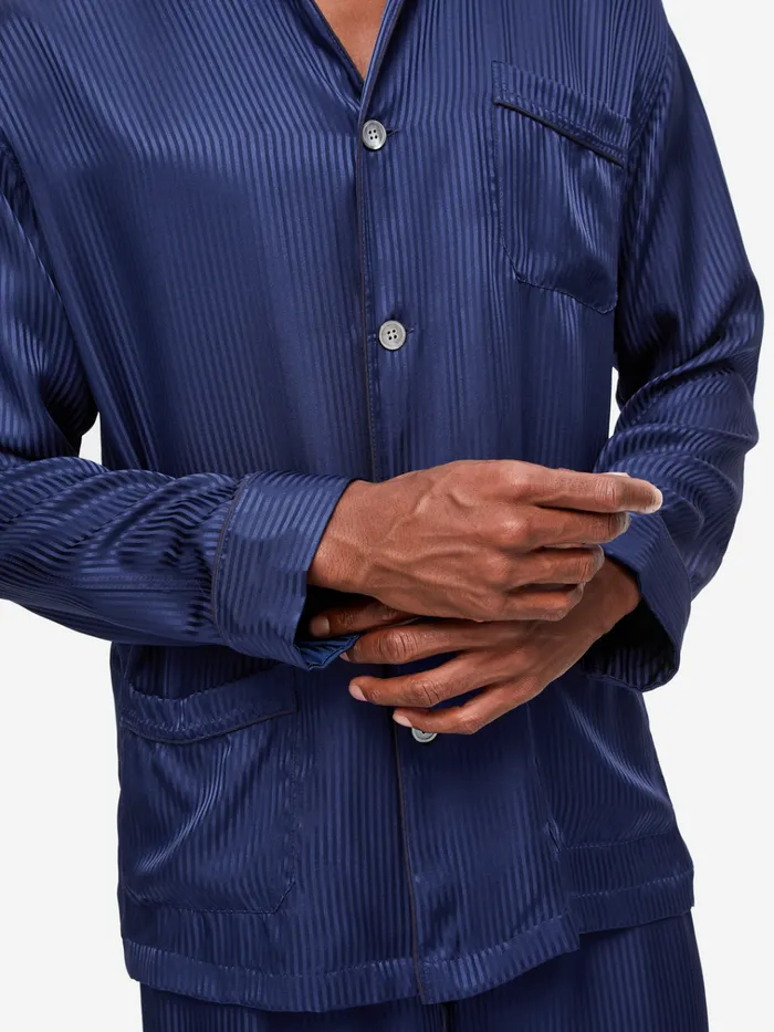 Long Pajamas Men Derek Rose Classic Fit Pajamas Woburn 8 Silk Satin Navy
