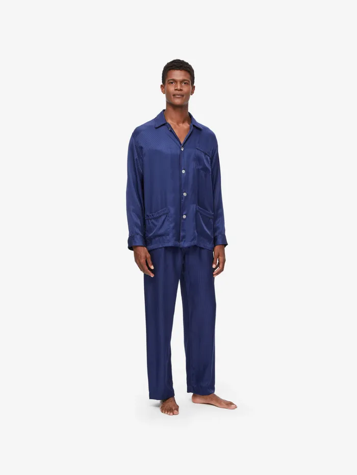 Long Pajamas Men Derek Rose Classic Fit Pajamas Woburn 8 Silk Satin Navy