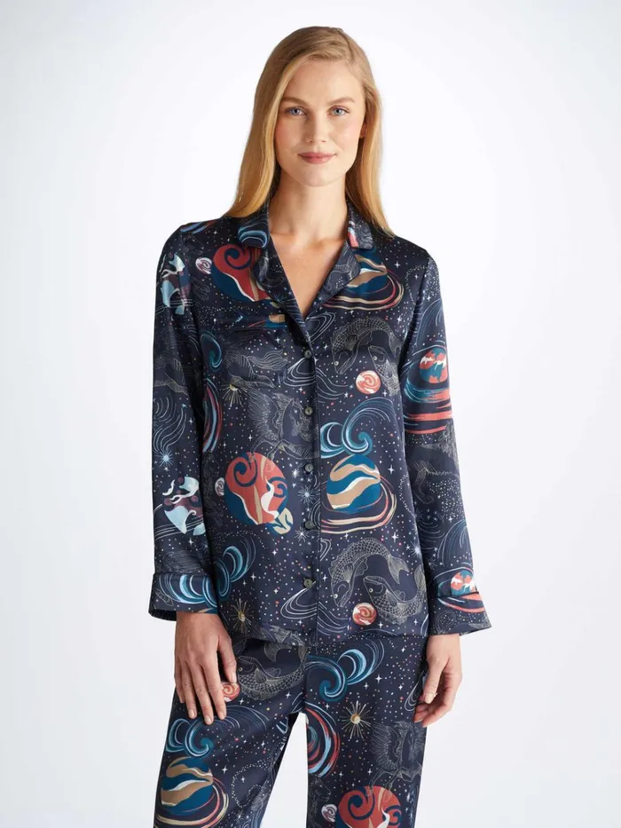Long Pajamas Women Derek Rose Pajamas Brindisi 105 Silk Satin Navy